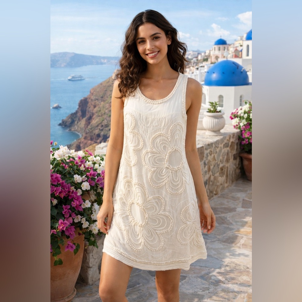 Cream Floral Embroidered Sleeveless Dress